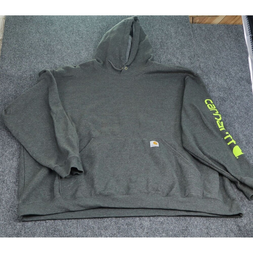 Carhartt K288 Hoodie Mens 4XL Tall Loose Fit Gray Yellow Sleeve Logo Sweatshirt
